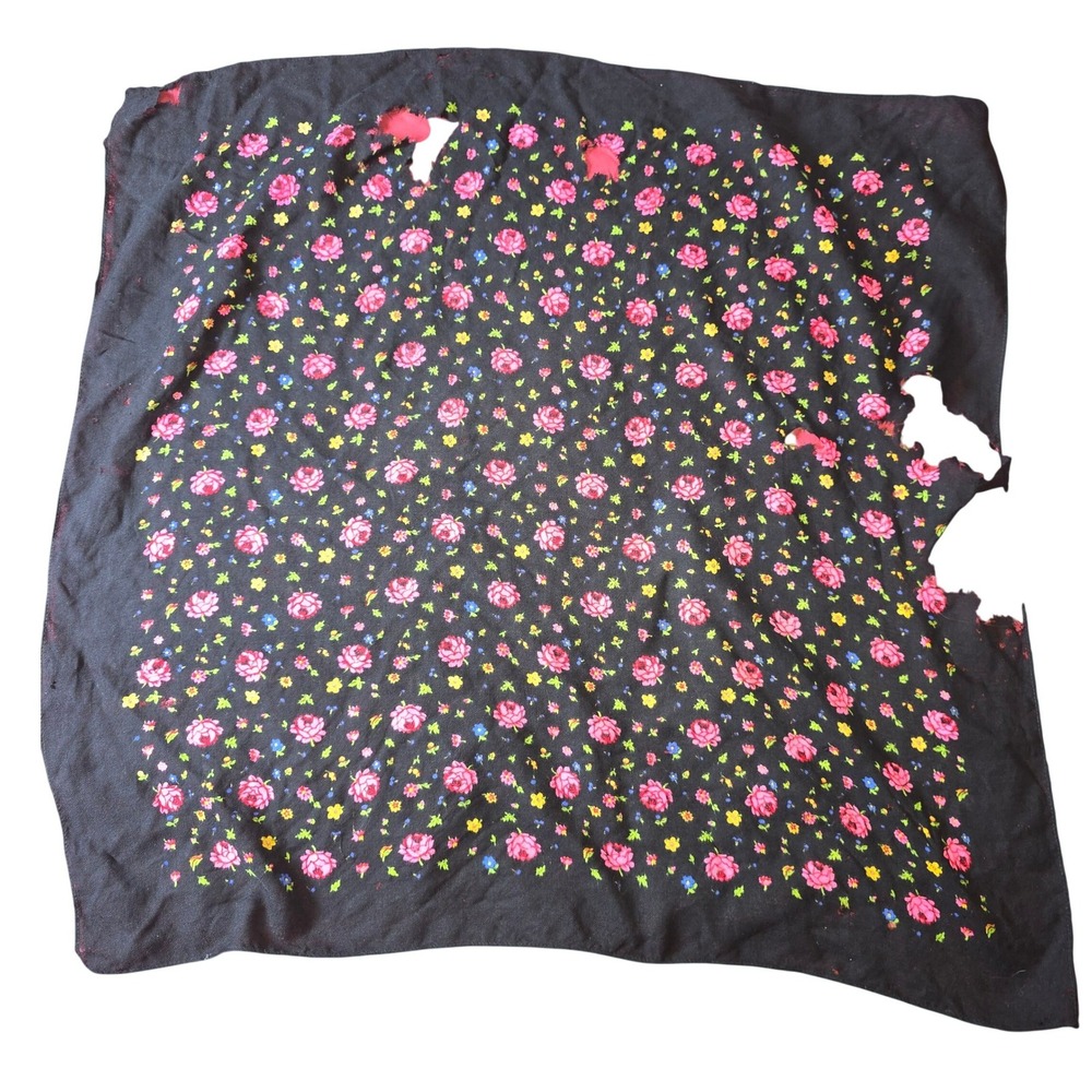 Scarf Belt Shawl Sash Table Runner Bandana Hankie Tie 28"x27" Black Floral VTG
